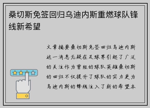 桑切斯免签回归乌迪内斯重燃球队锋线新希望 桑切斯免签回归乌迪内斯重燃球队锋线新希望